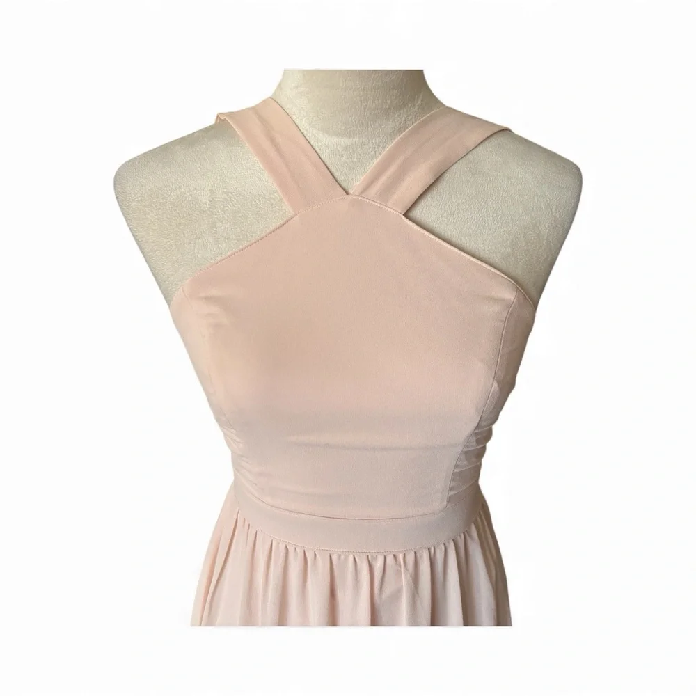 Lulu's Sz S Soft Blush Pink A Line Halter Chiffon Maxi Formal Bridesmaid Dress - Picture 3 of 12